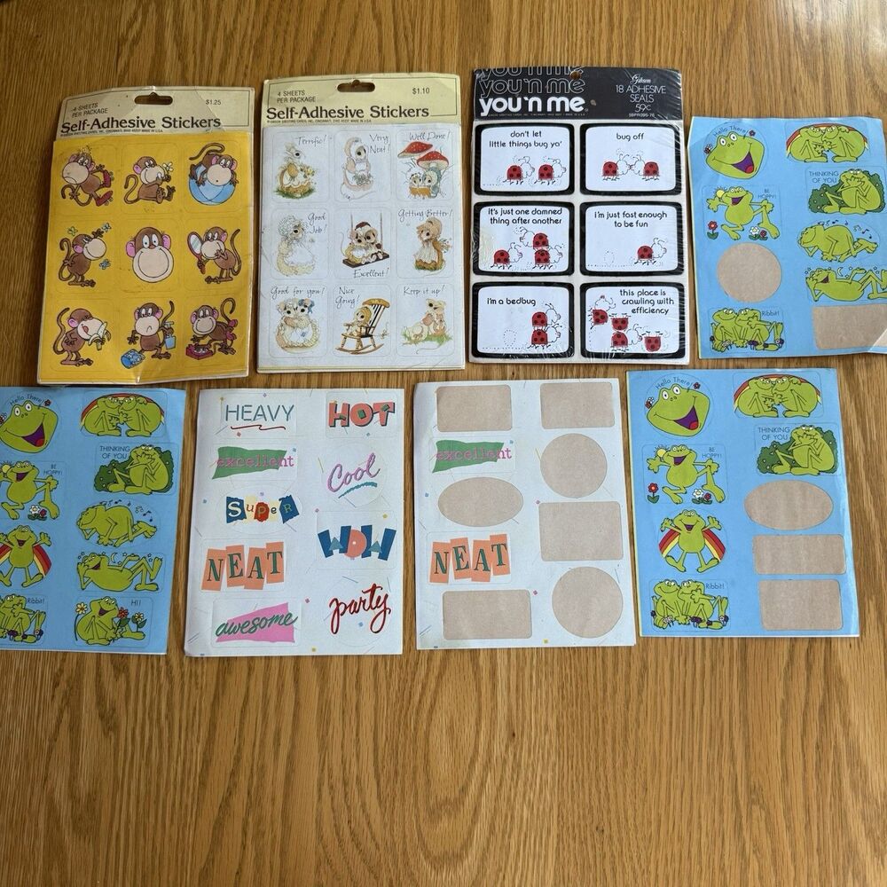 Vintage 1980s Sticker Lot Frogs Monkeys Ladybugs Retro Self‑Adhesive Sheets